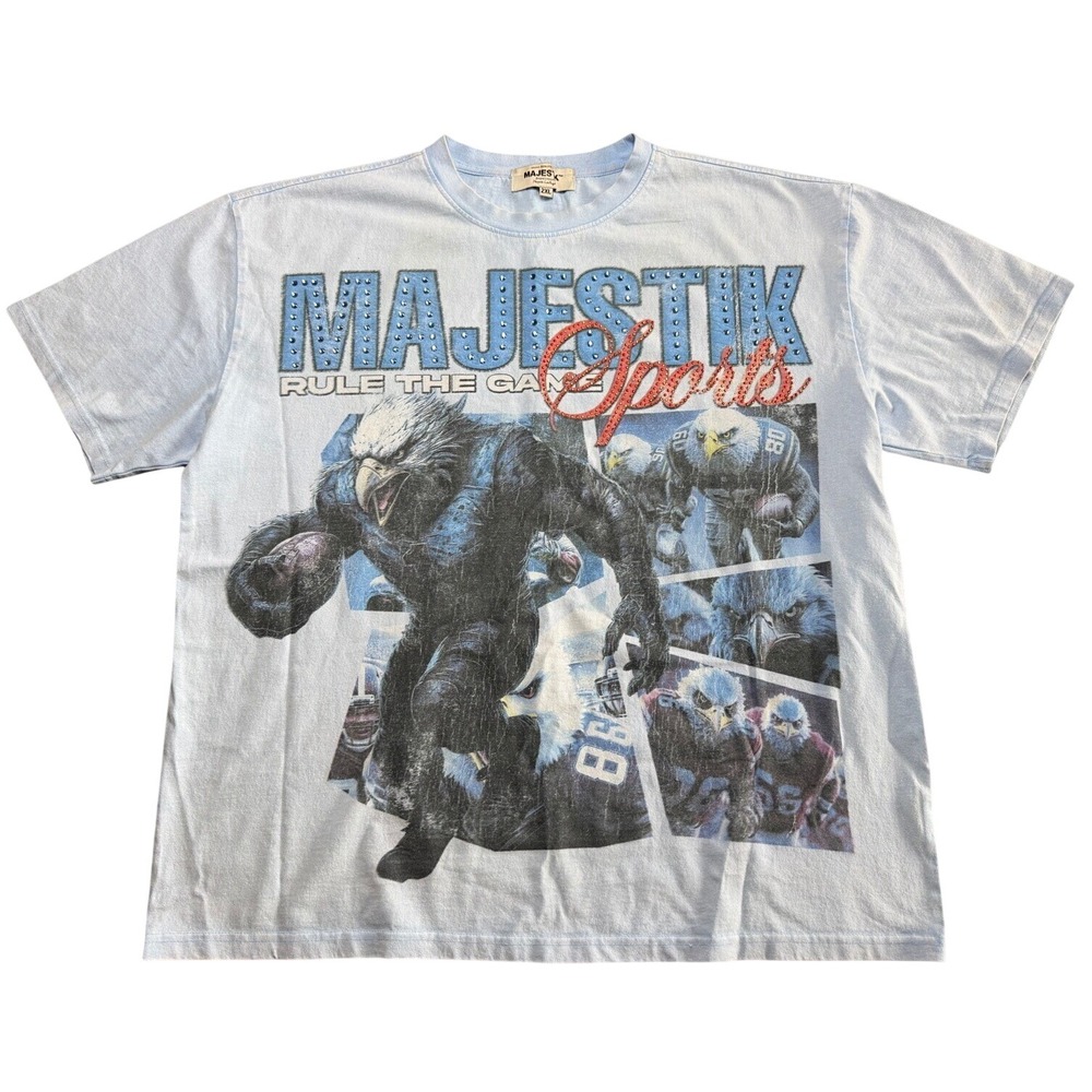 Majestik Men's 2XL T-Shirt Light Blue Rhinestone Eagle Rule The Game Graphic